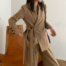 Load image into Gallery viewer, Mozuleva Vintage 2020 Two Pieces Set Women Blazer Set Lace Up Notched Blazer & Loose Pant Women Pant Suits Female Trouser Suit