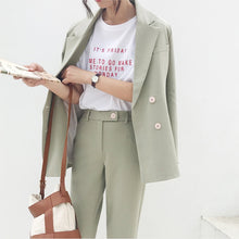 Load image into Gallery viewer, Vintage Autumn Winter Thicken Women Pant Suit Light Green Notched Blazer Jacket &amp; Pant 2019 Office Wear Women Suits Female Sets
